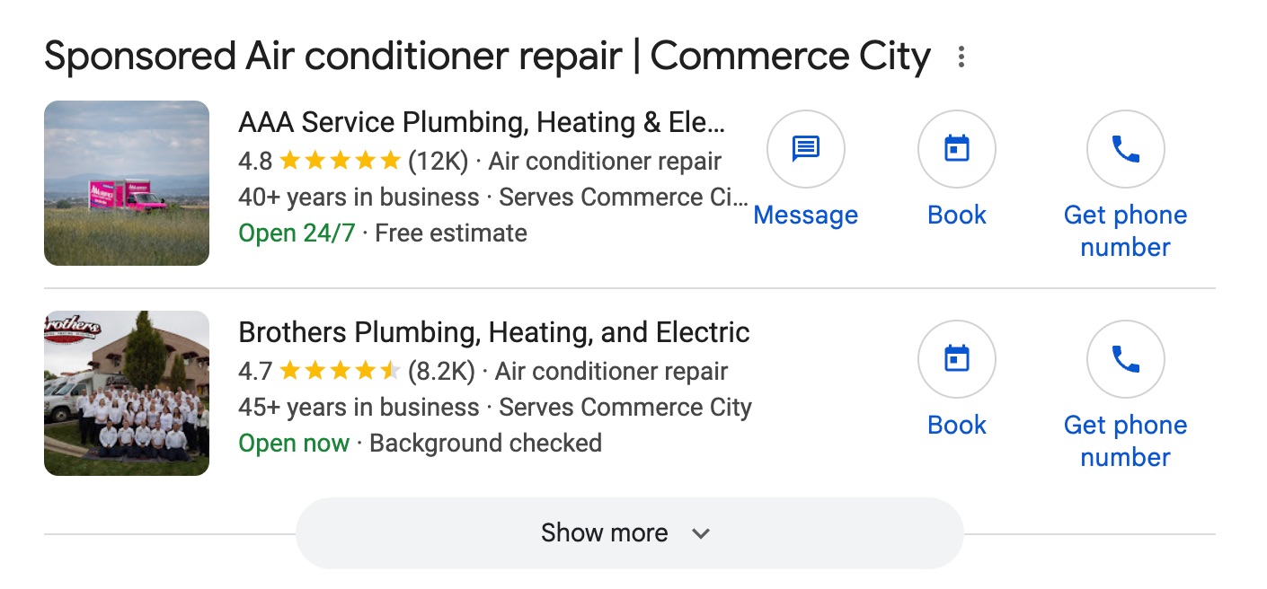 Example of Google Local Services Ads for HVAC companies showing the Google Guaranteed badge